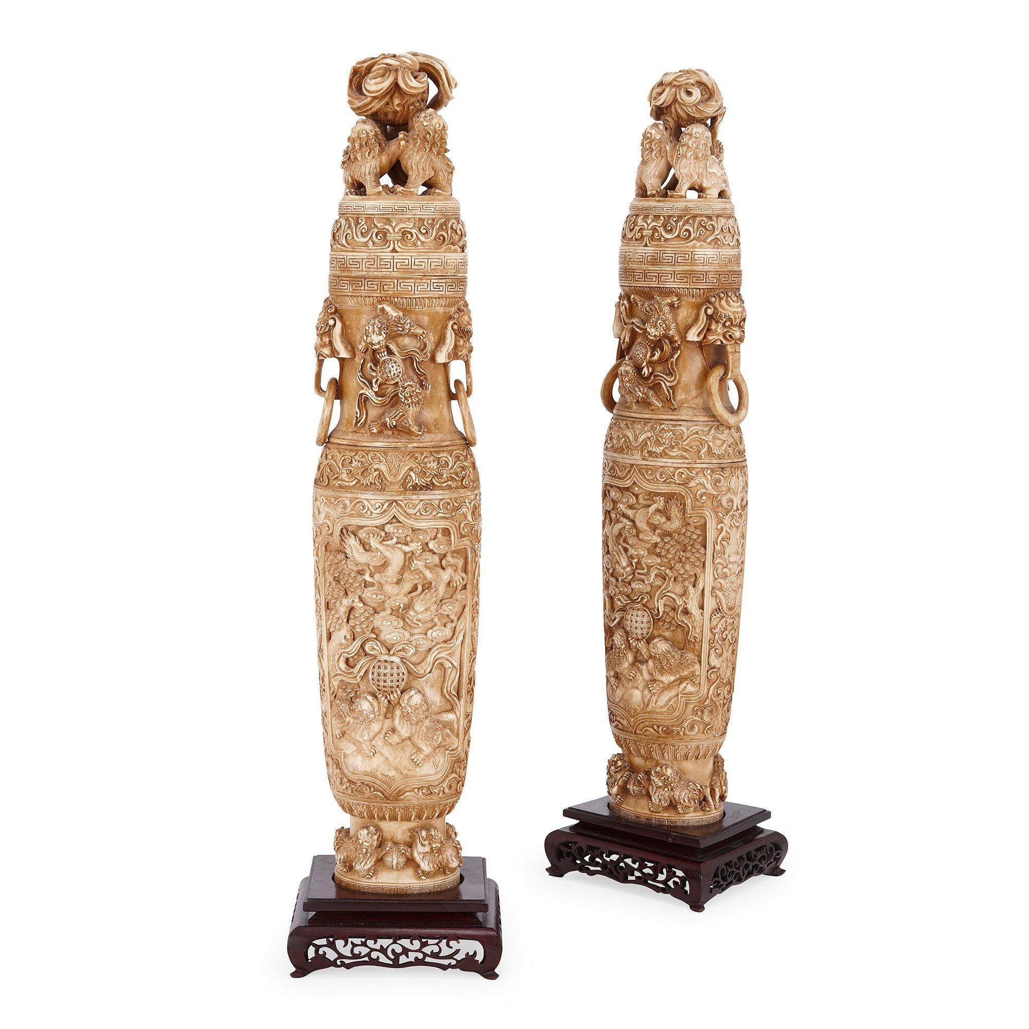 Pair Of Antique Chinese Carved Ivory Vases And Covers Mayfair