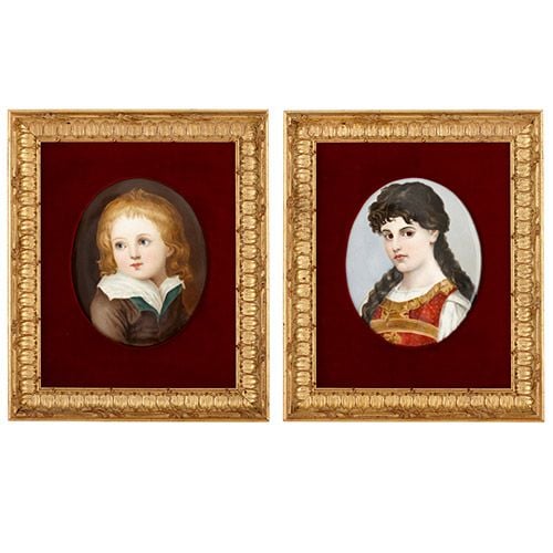 Pair of 19th Century KPM portrait plaques of boy and girl