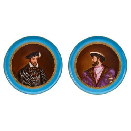 Pair of French Sèvres style porcelain portrait plates