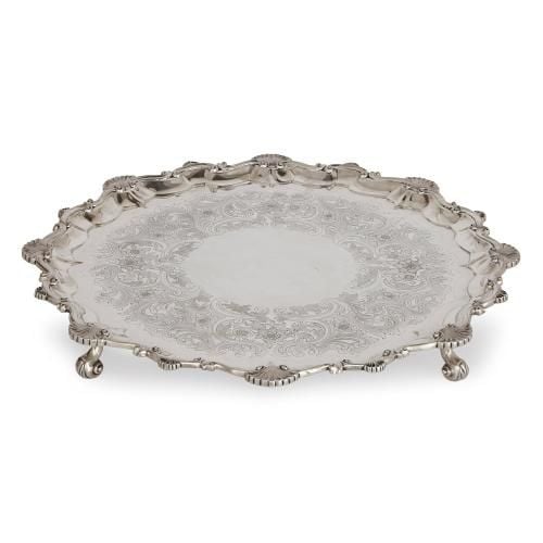 Large antique English silver salver by Dobson & Sons