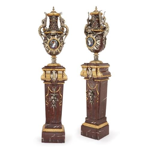 Immense pair of Second Empire vases and pedestals
