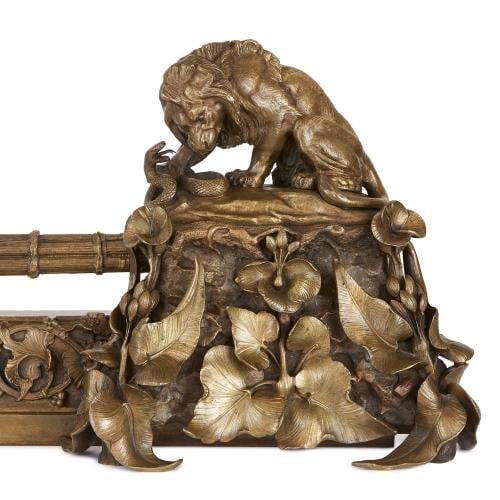 Antique French bronze fireplace fender with lions Mayfair Gallery