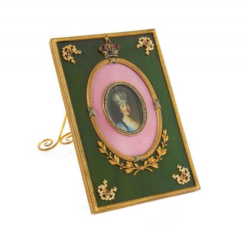Russian Fabergé style silver gilt, enamel and nephrite frame