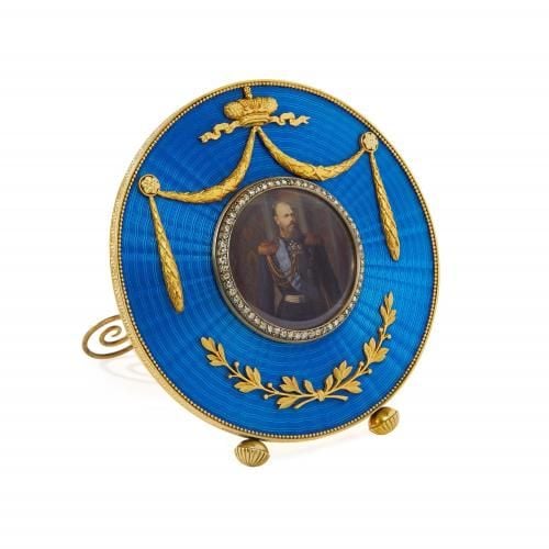 Russian Fabergé style silver gilt and enamel photo frame
