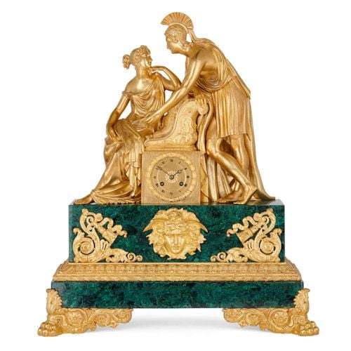 Charles X period ormolu and malachite mantel clock