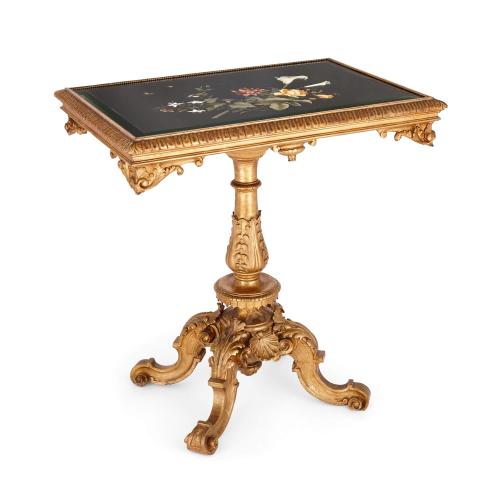 Florentine Pietra dura inlaid giltwood tilt top rectangular table