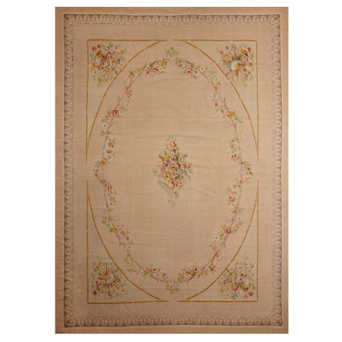 Large antique French Aubusson carpet with flowers and musical instruments