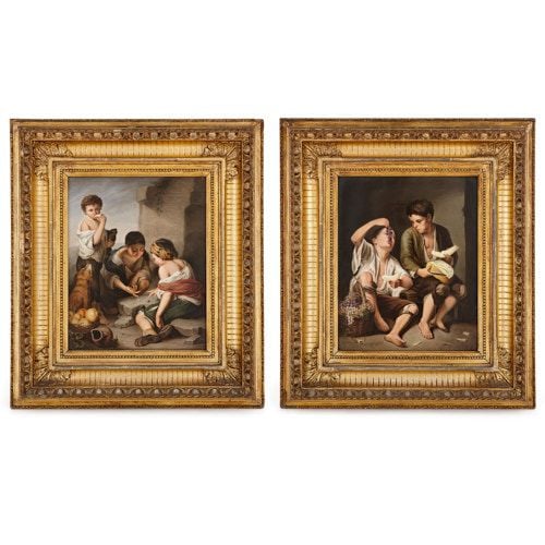 Pair of KPM porcelain plaques painted after Murillo