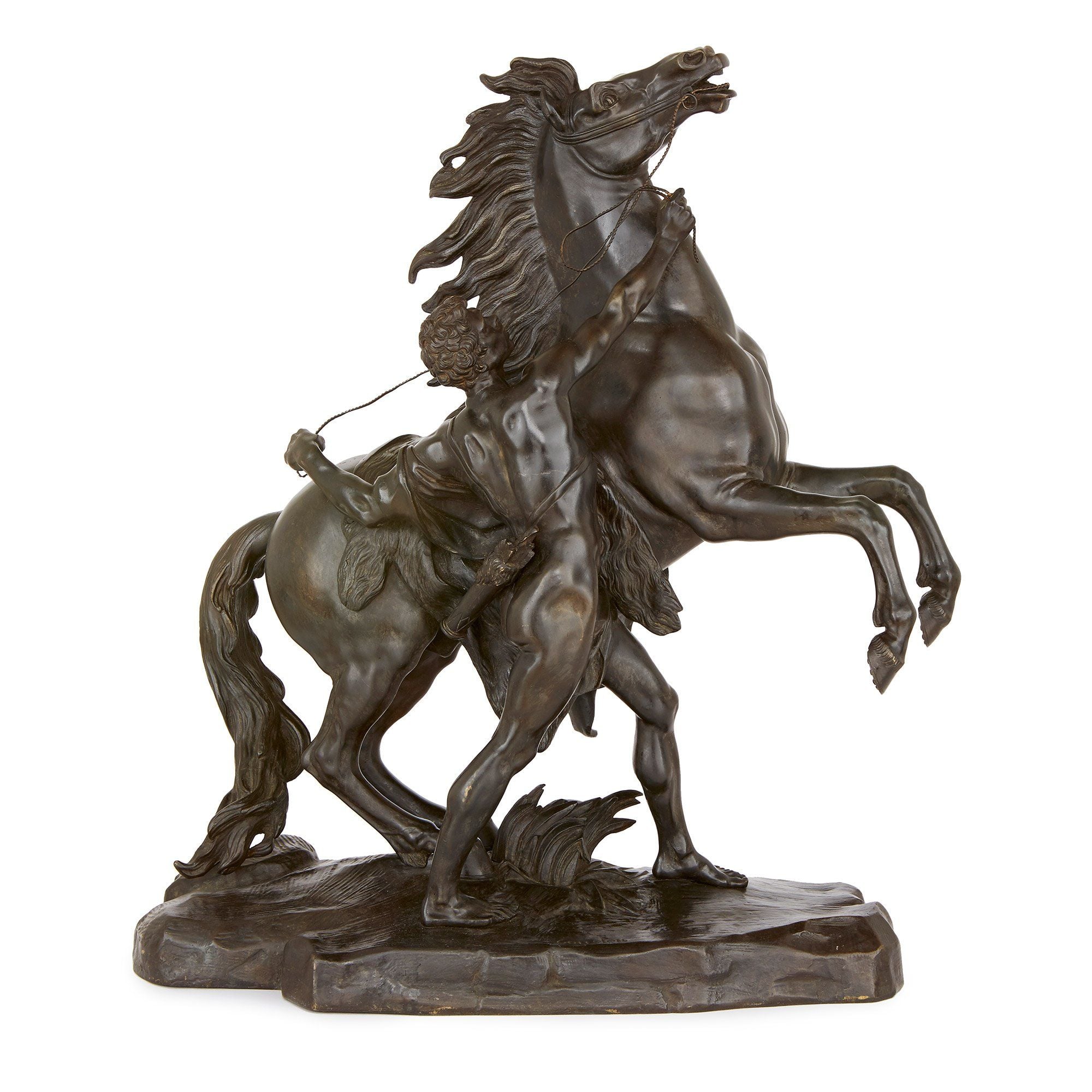 Statuesque pair of antique patinated bronze models of the Marly horses