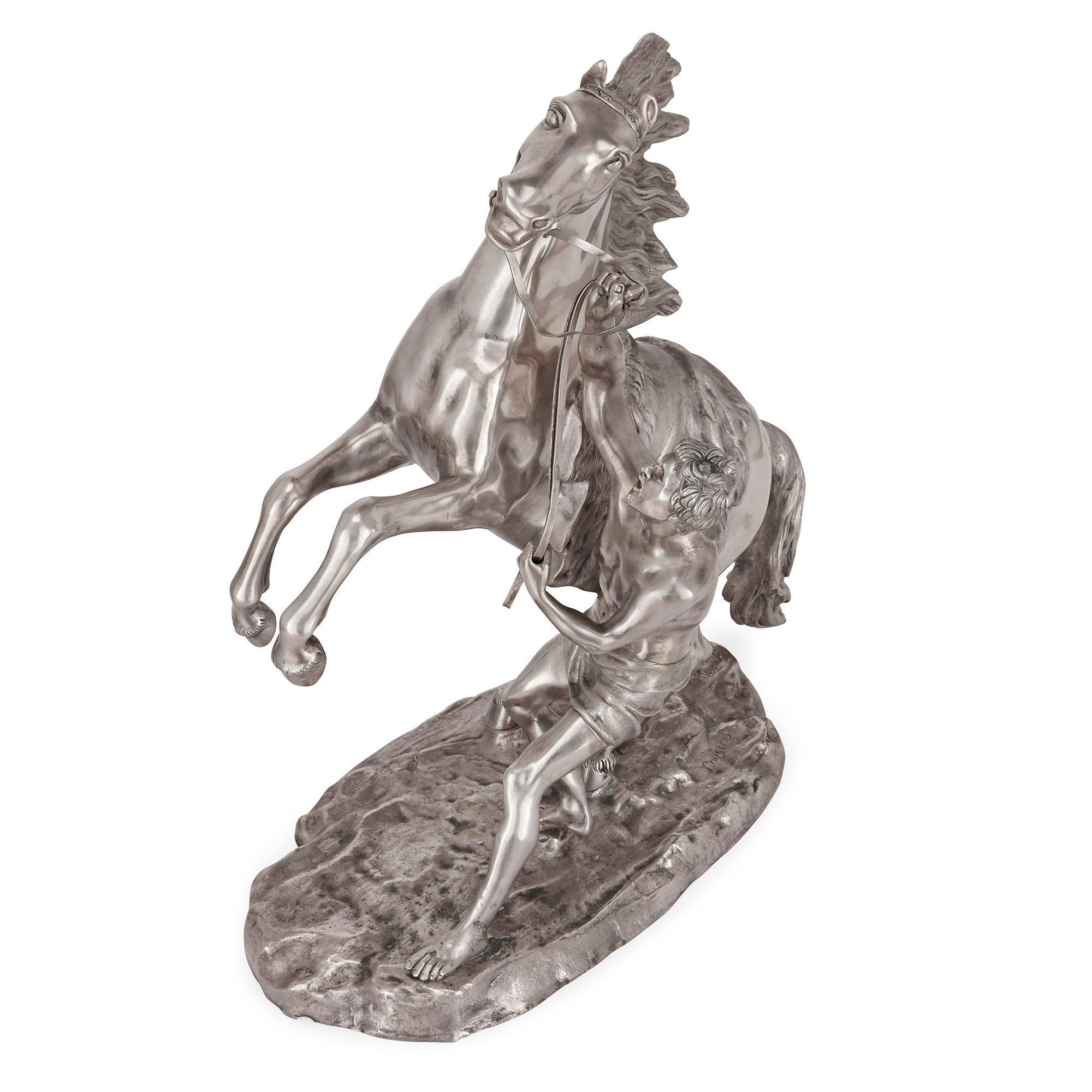 Antique pair of silvered bronze models of the Marly horses