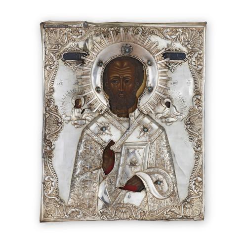 Jewelled, parcel gilt and silver Russian icon of St. Nicholas