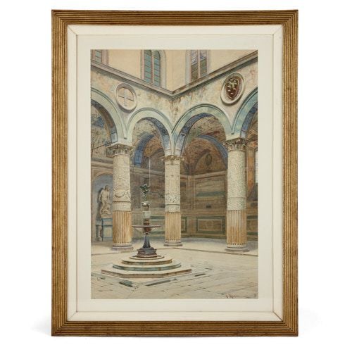 Watercolour painting of Palazzo Vecchio courtyard by Marrani