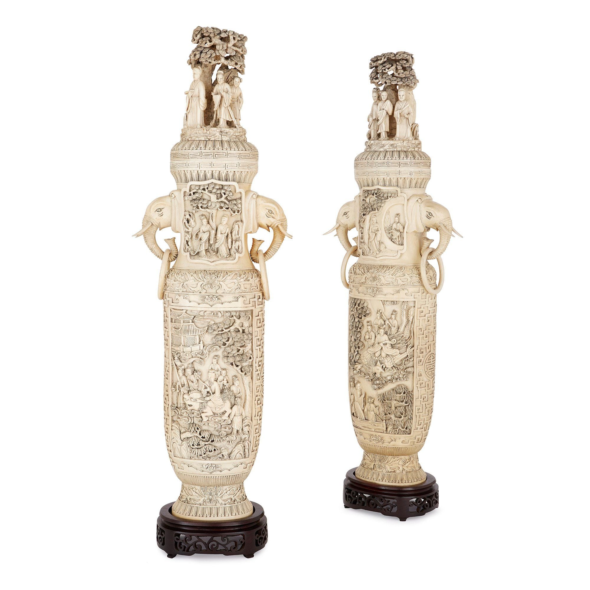 Large pair of Chinese Qing dynasty antique ivory vases Mayfair Gallery