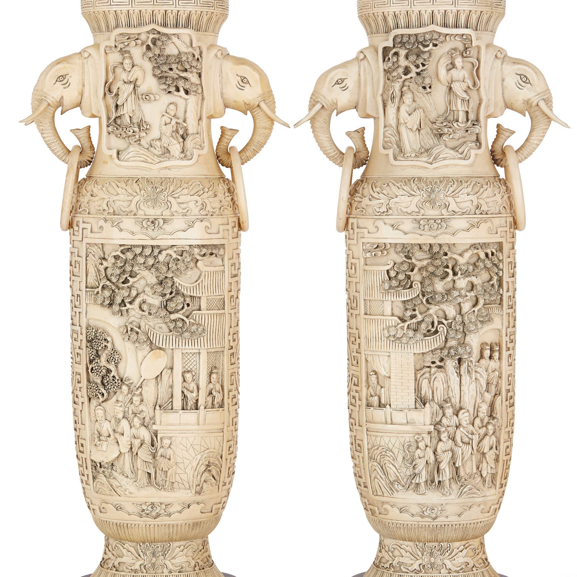 Large pair of Chinese Qing dynasty antique ivory vases Mayfair Gallery