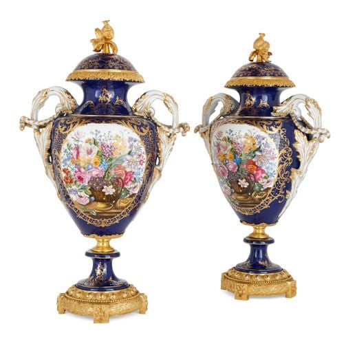 Pair of French ormolu mounted Sèvres style porcelain vases