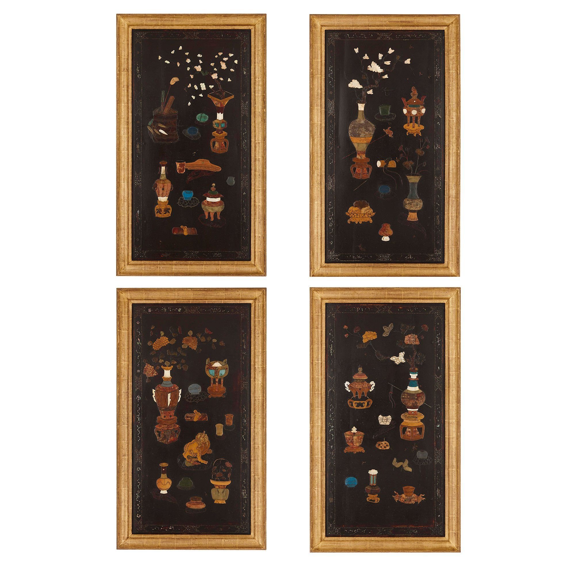 Set Of Four Chinese Mother Of Pearl And Lacquer Panels Mayfair Gallery