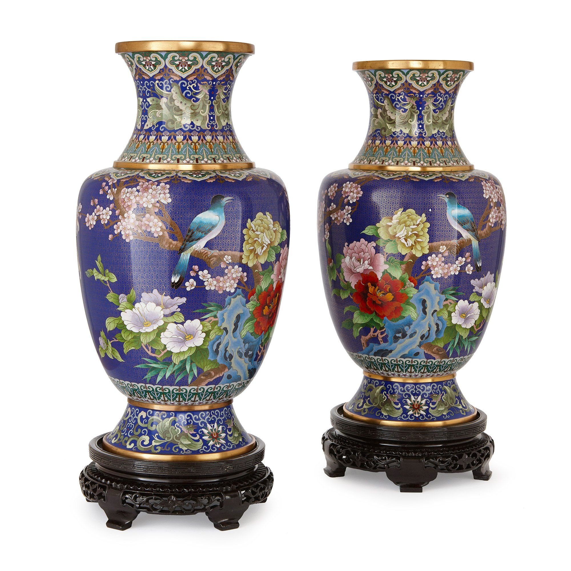 Pair Of Large Chinese Cloisonne Enamel Vases On Wooden Stands