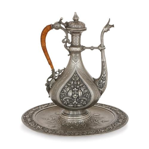Finely engraved antique pewter ewer and basin by J. Brateau