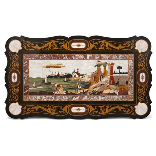 Italian pietra dura tabletop with harbour landscape