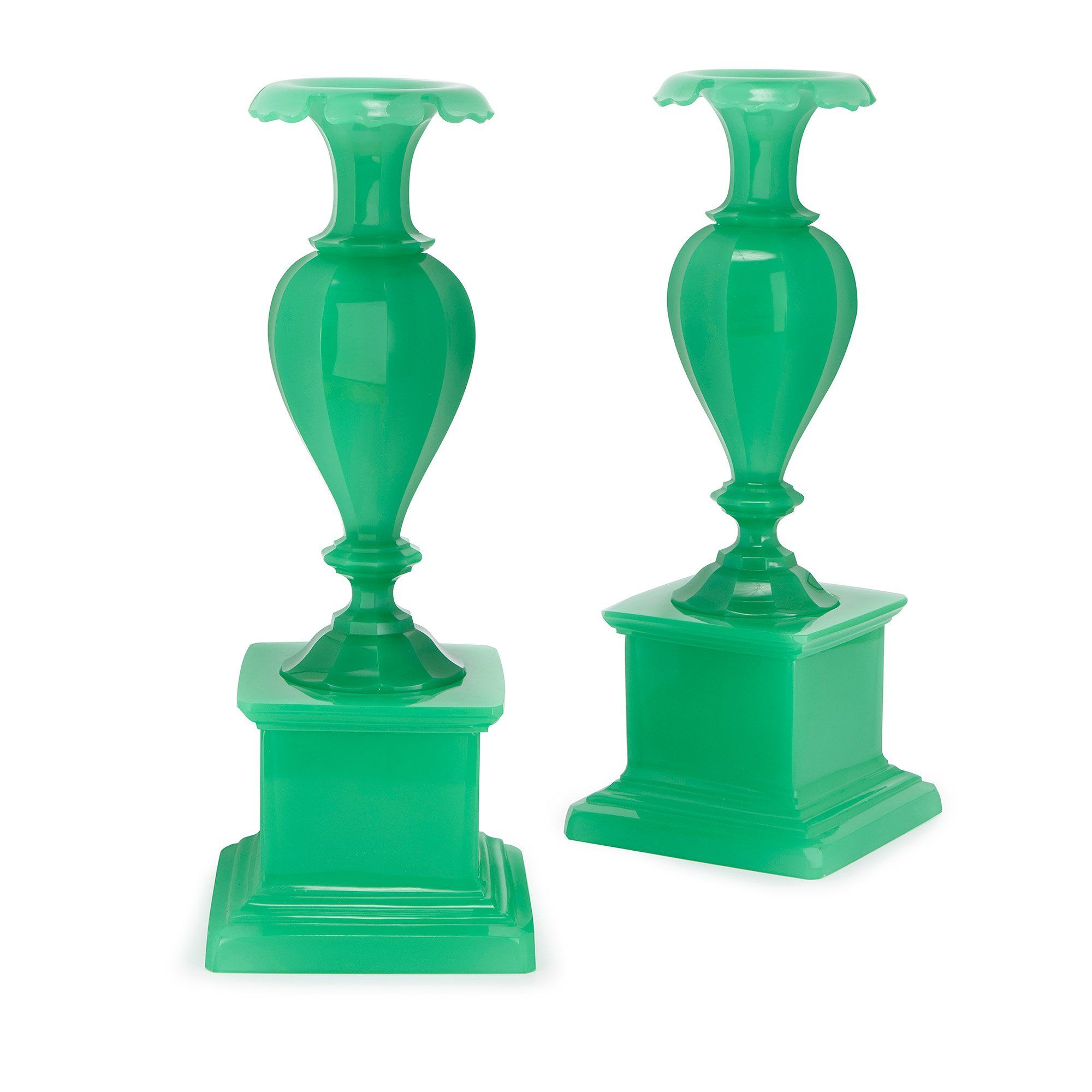 Pair Of Antique Bohemian Green Opalescent Glass Vases Mayfair