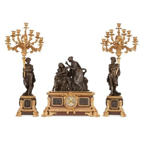 Gilt and patinated bronze antique French clock set by Picard