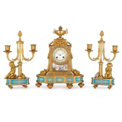 Porcelain mounted ormolu antique clock set by Raingo Frères