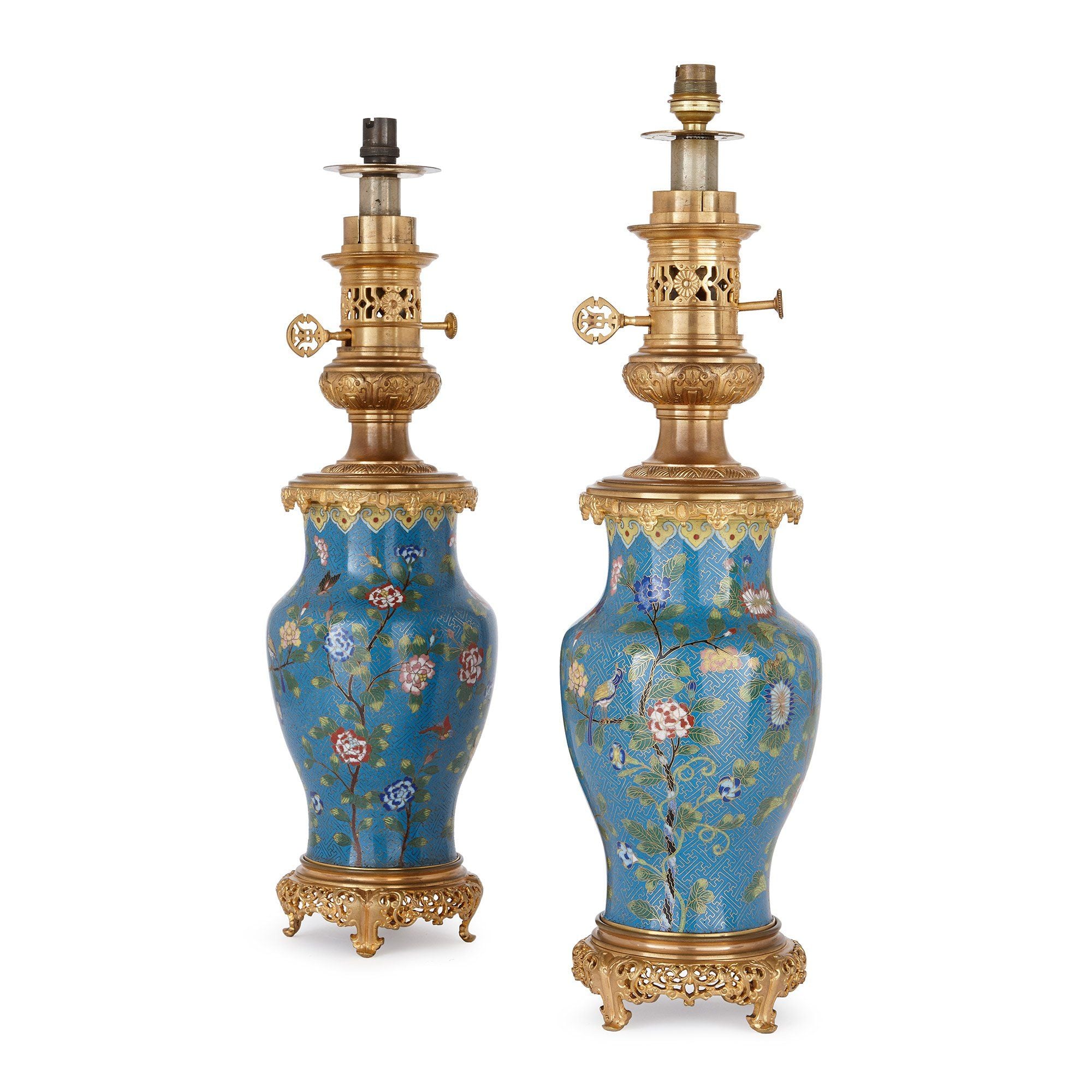 Antique pair of ormolu mounted cloisonne enamel lamps Mayfair Gallery