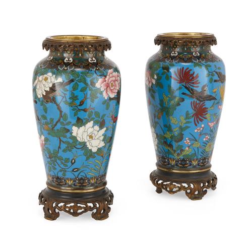 Pair of antique Japanese ormolu mounted cloisonné enamel vases