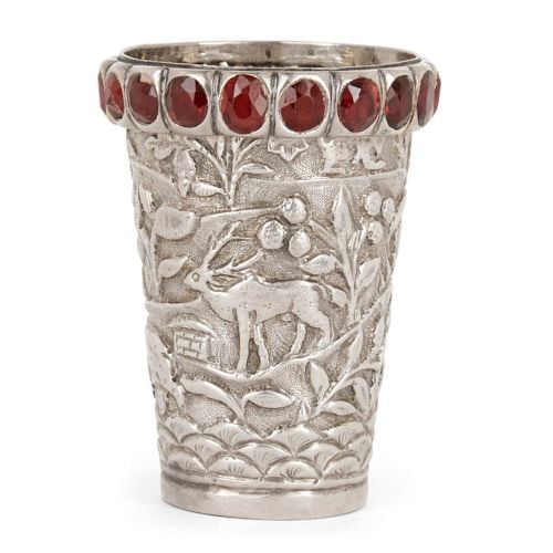 Indian jewelled and repoussé silver cup