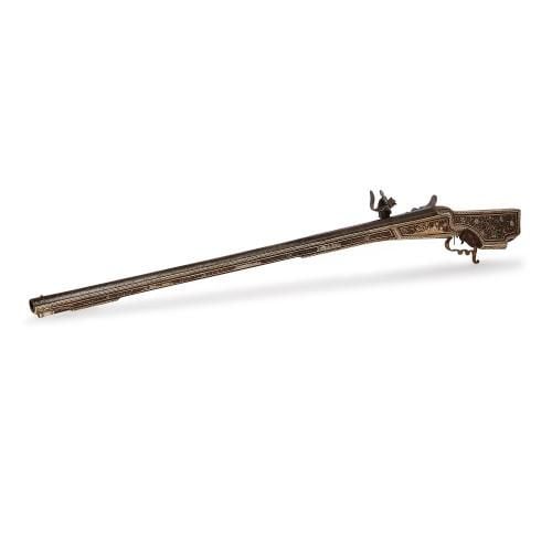 Silver, gold and mother-of-pearl inlaid walnut wheellock rifle