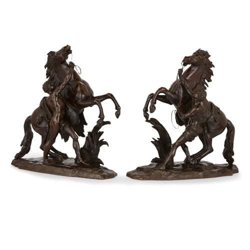 Pair of large patinated bronze Marly horses after Coustou