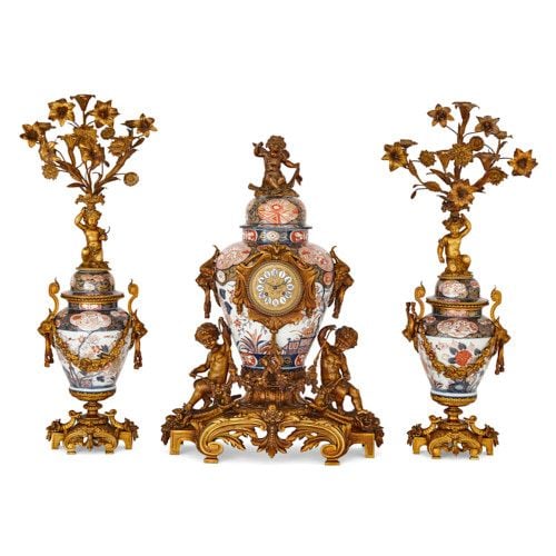 Ormolu mounted Japanese Imari porcelain clock set