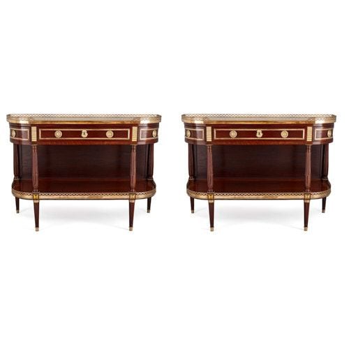 Pair of Louis XVI style ormolu mounted mahogany desserte consoles