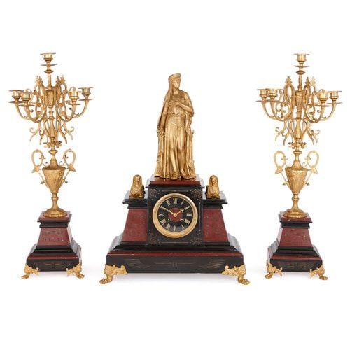 Egyptian Revival style ormolu and marble clock set