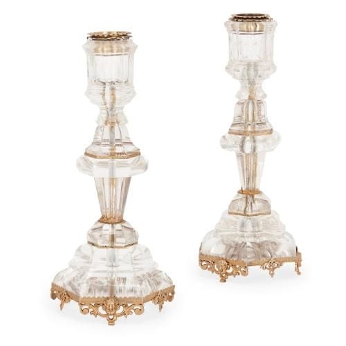 Pair of antique silver mounted rock crystal candlesticks 