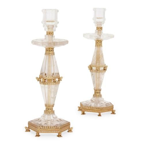 Pair of silver mounted antique rock crystal candlesticks