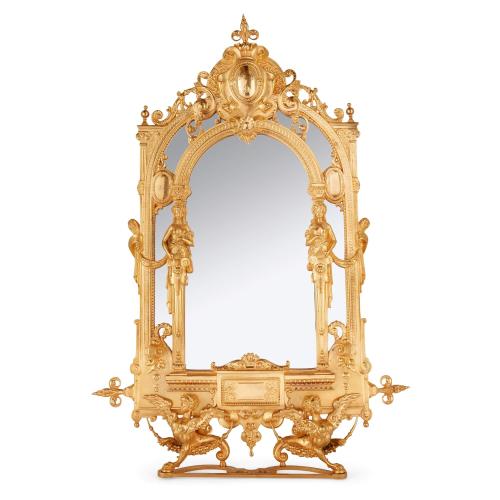Antique French Empire style gilt bronze table mirror