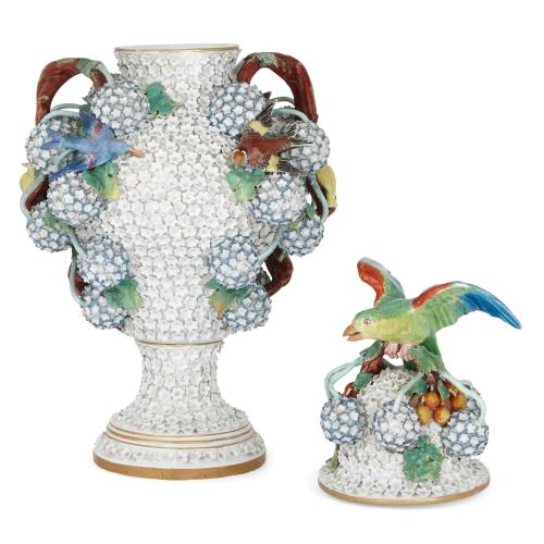 Pair of antique Meissen style porcelain Schneeballen vases