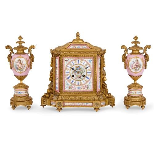 Louis XVI style ormolu and pink Sevres style porcelain clock set