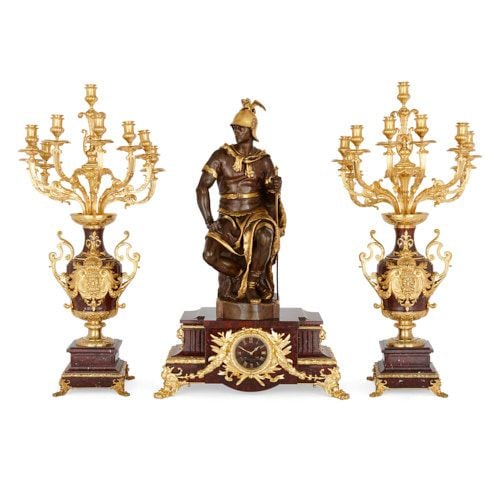 Three-piece marble and gilt bronze clock set by Barbedienne