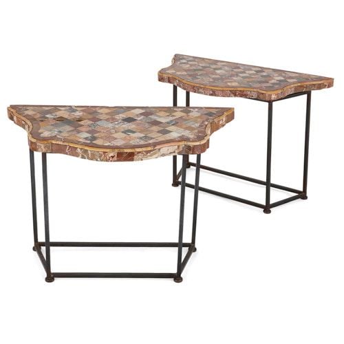 Pair of iron console tables with specimen marble tops