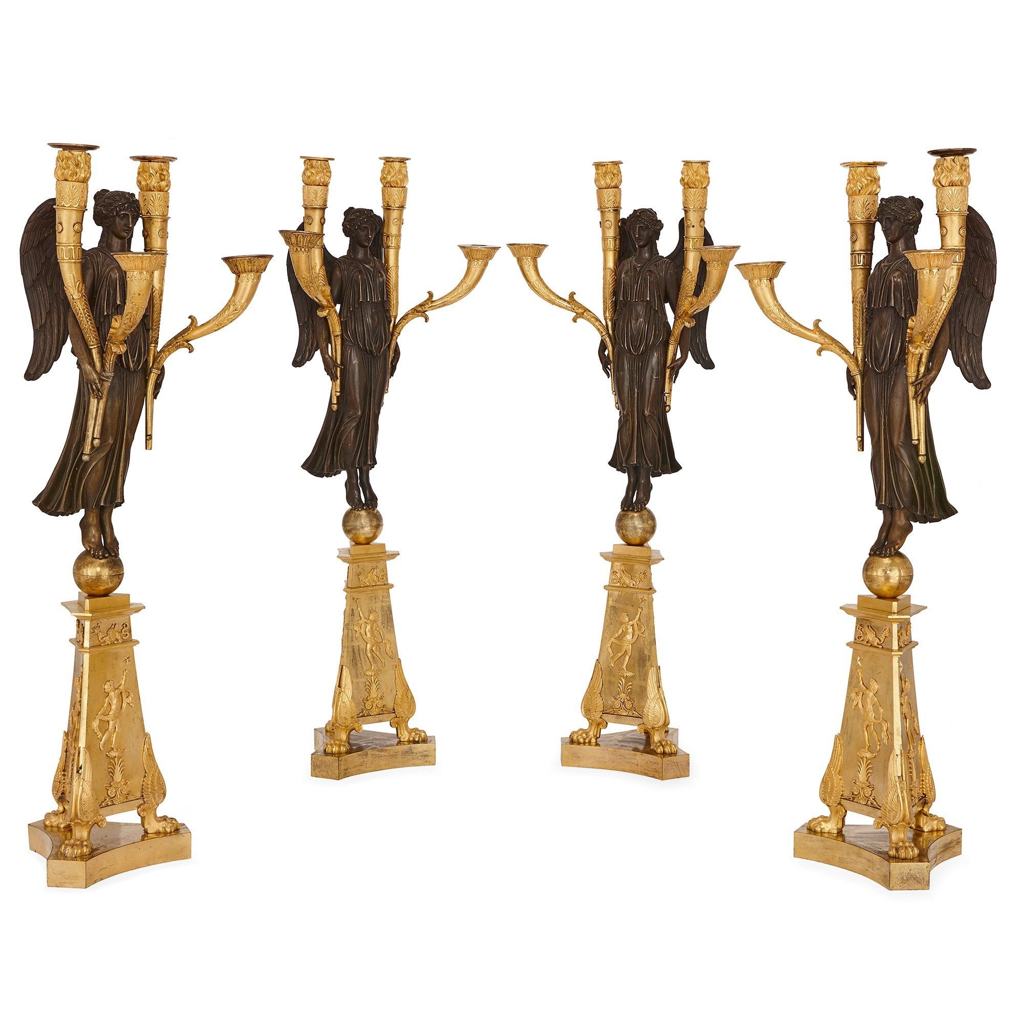 Pair of Russian Empire D'ore Bronze Candelabra with Porphyry Base