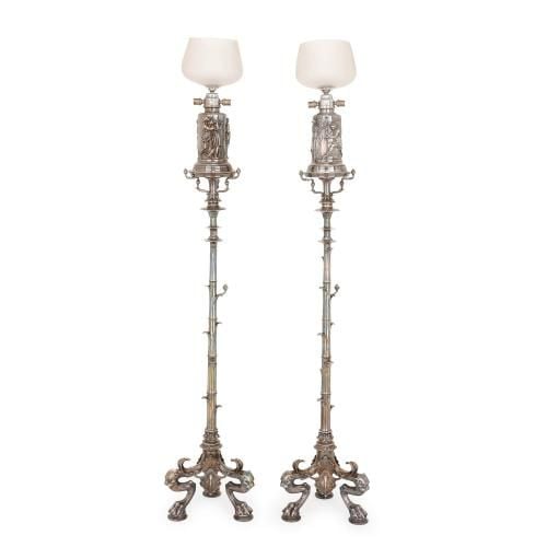 Pair of large silvered bronze antique French floor lamps