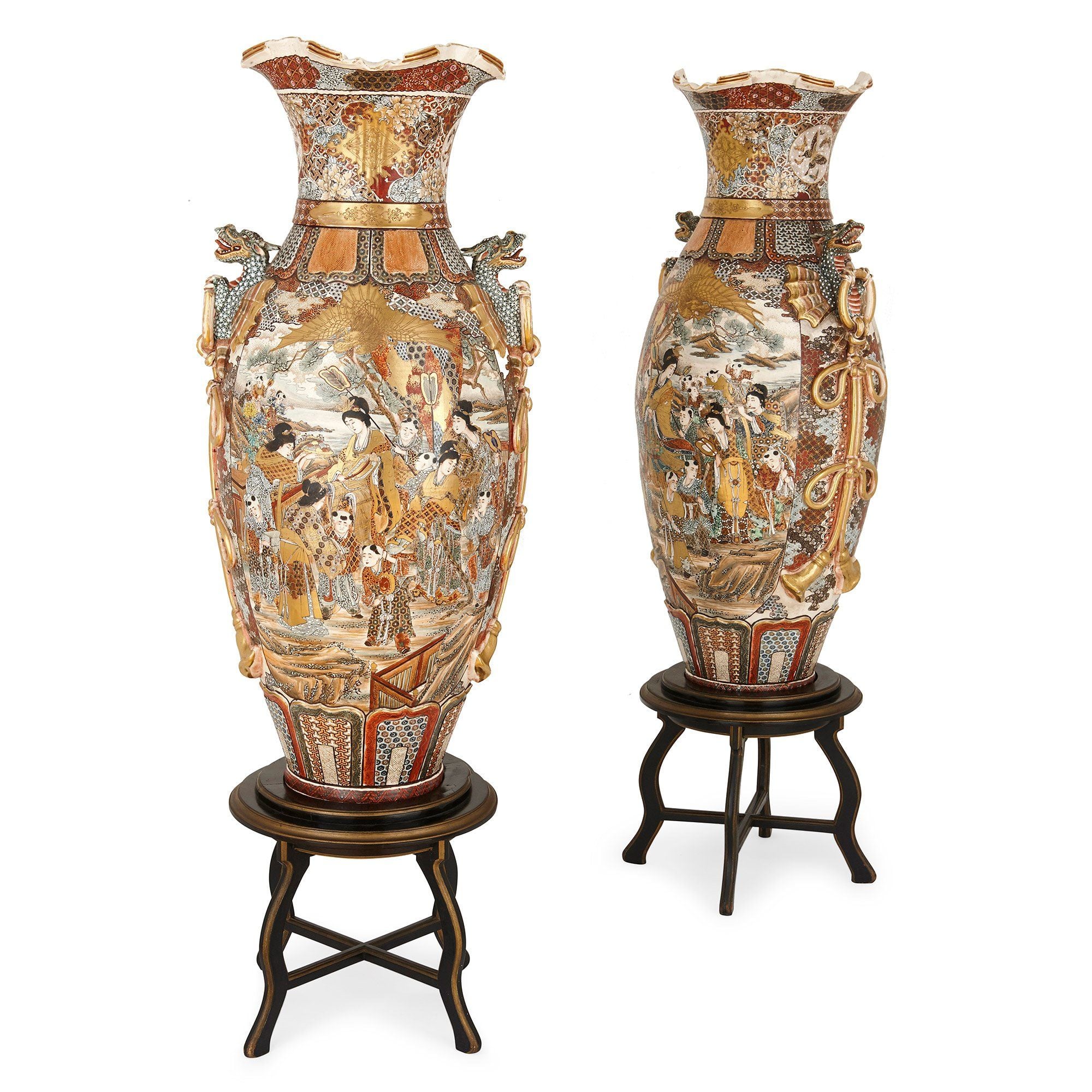 Pair of Japanese Satsuma porcelain vases with stands | Mayfair Gallery