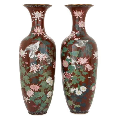 Pair of antique Japanese red cloisonne enamel vases