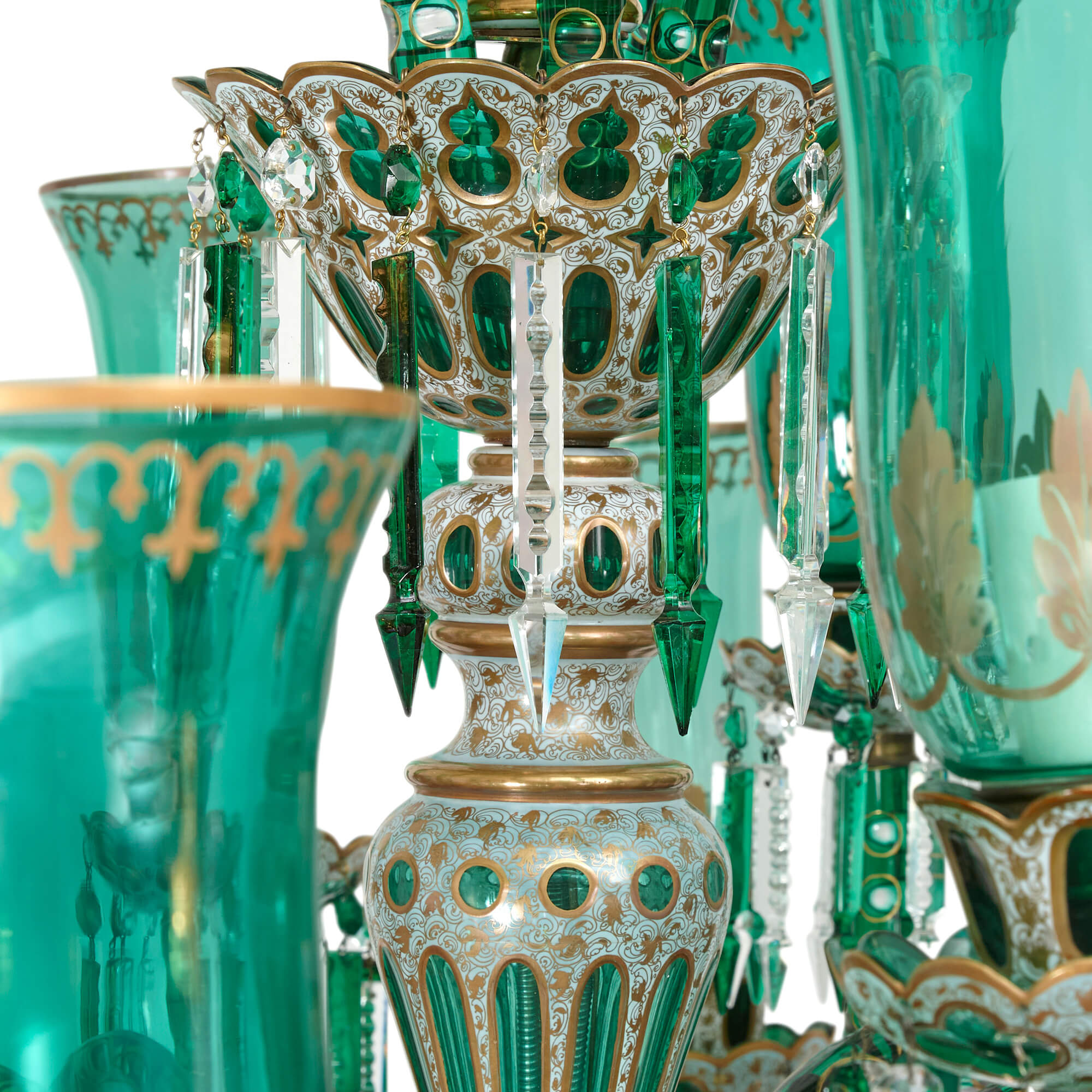 Magnificent antique parcelgilt green glass chandelier by Osler