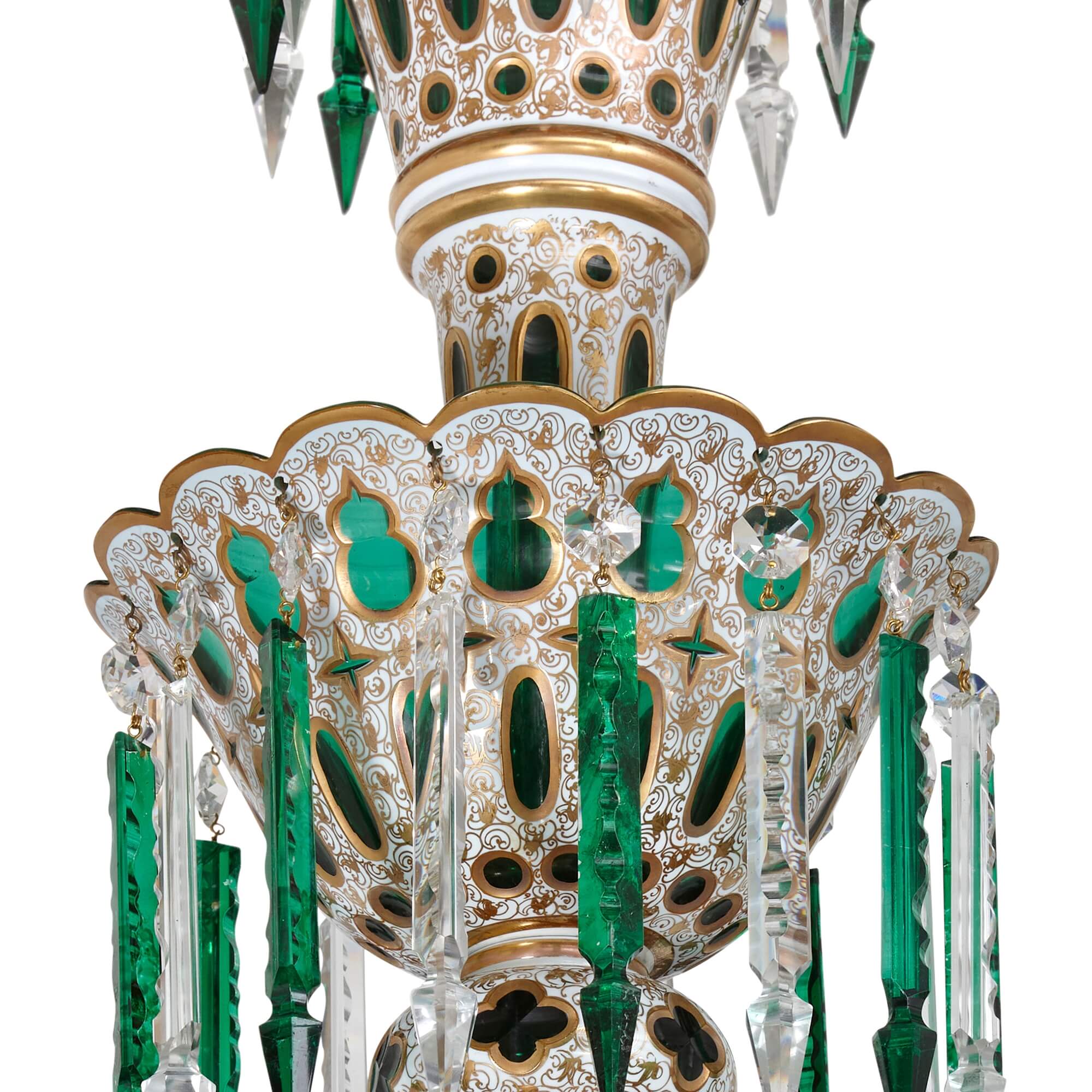 Magnificent antique parcelgilt green glass chandelier by Osler