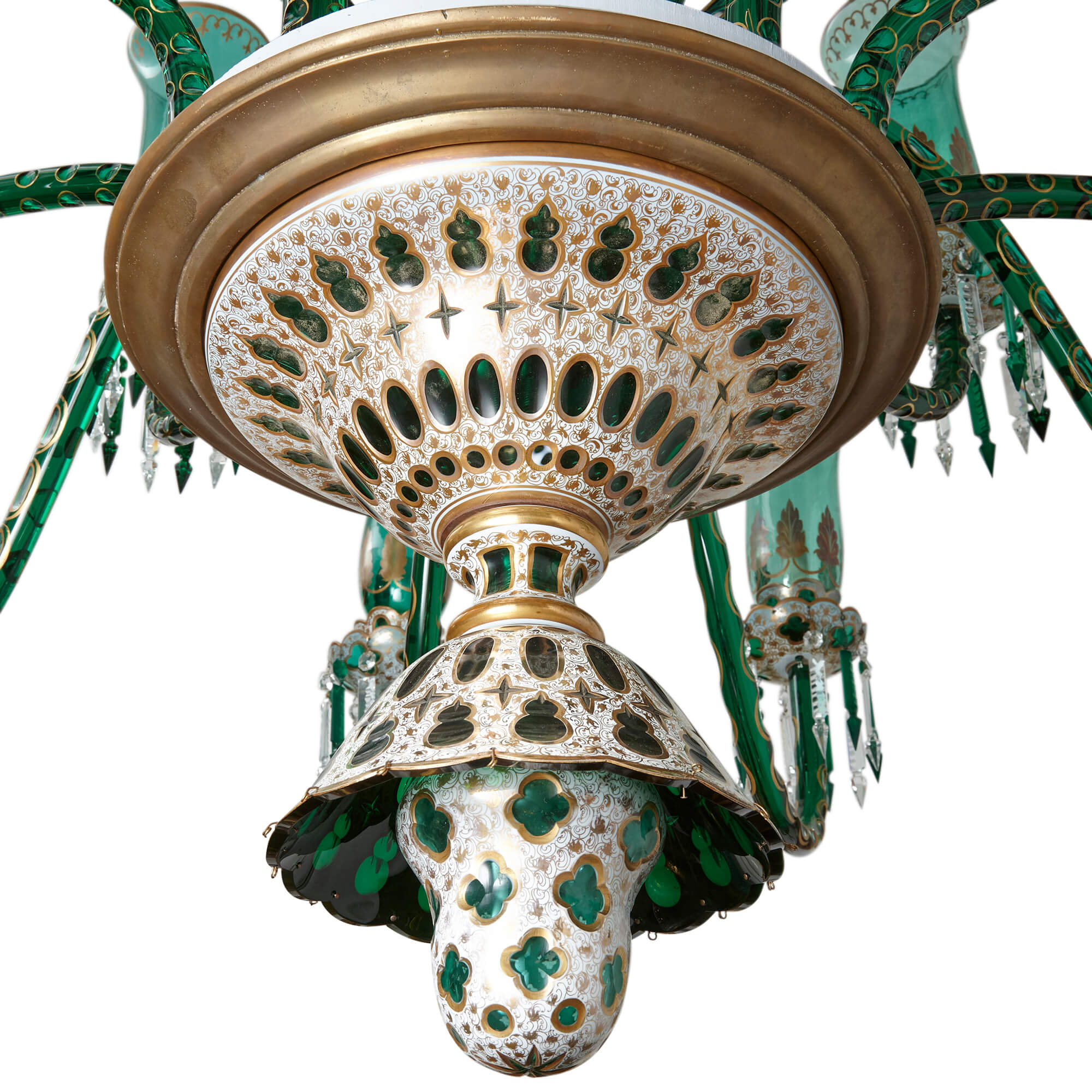 Magnificent antique parcelgilt green glass chandelier by Osler
