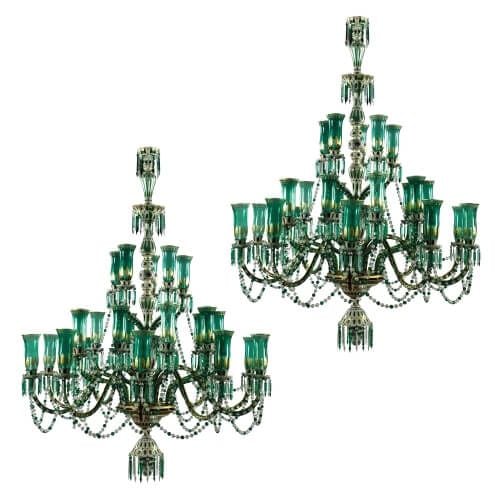 Pair of very large parcel gilt green glass chandeliers by Osler