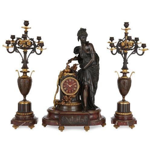 French marble, gilt and patinated bronze three piece clock set